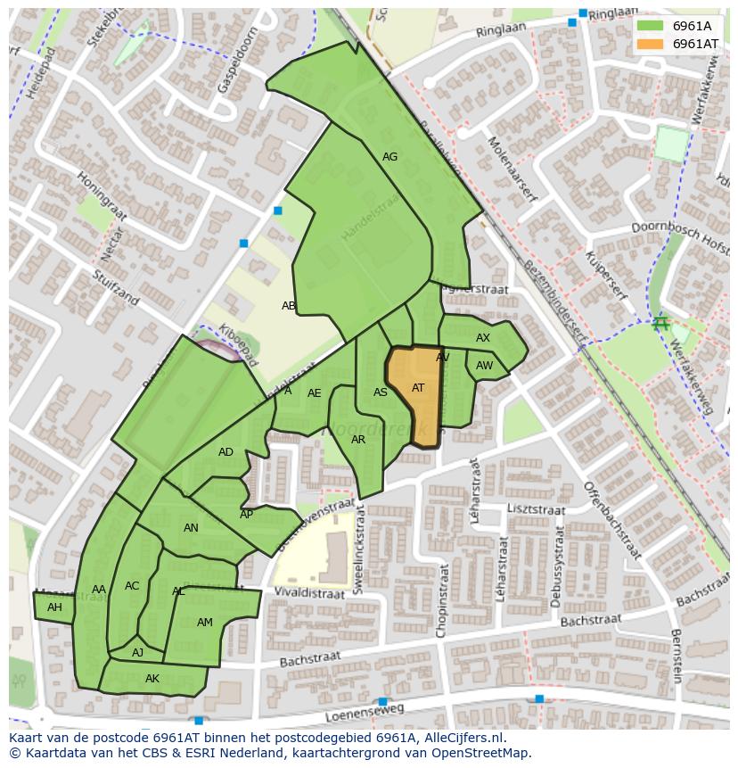 Afbeelding van het postcodegebied 6961 AT op de kaart.