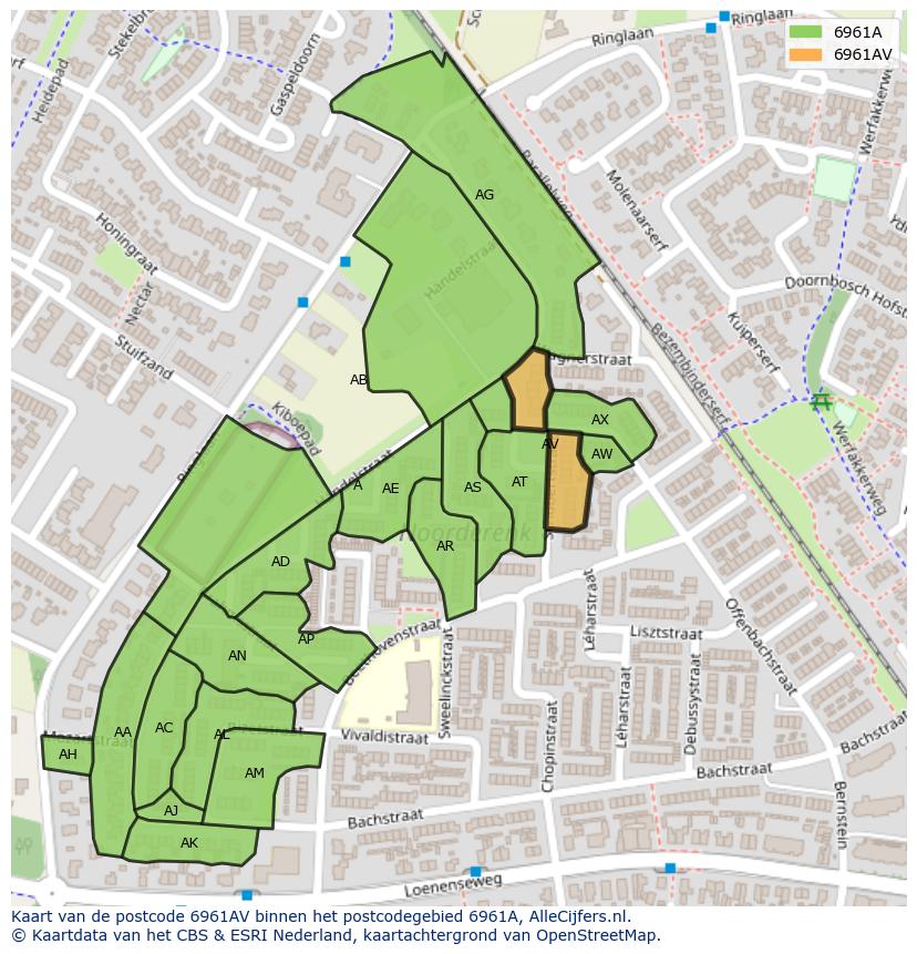 Afbeelding van het postcodegebied 6961 AV op de kaart.