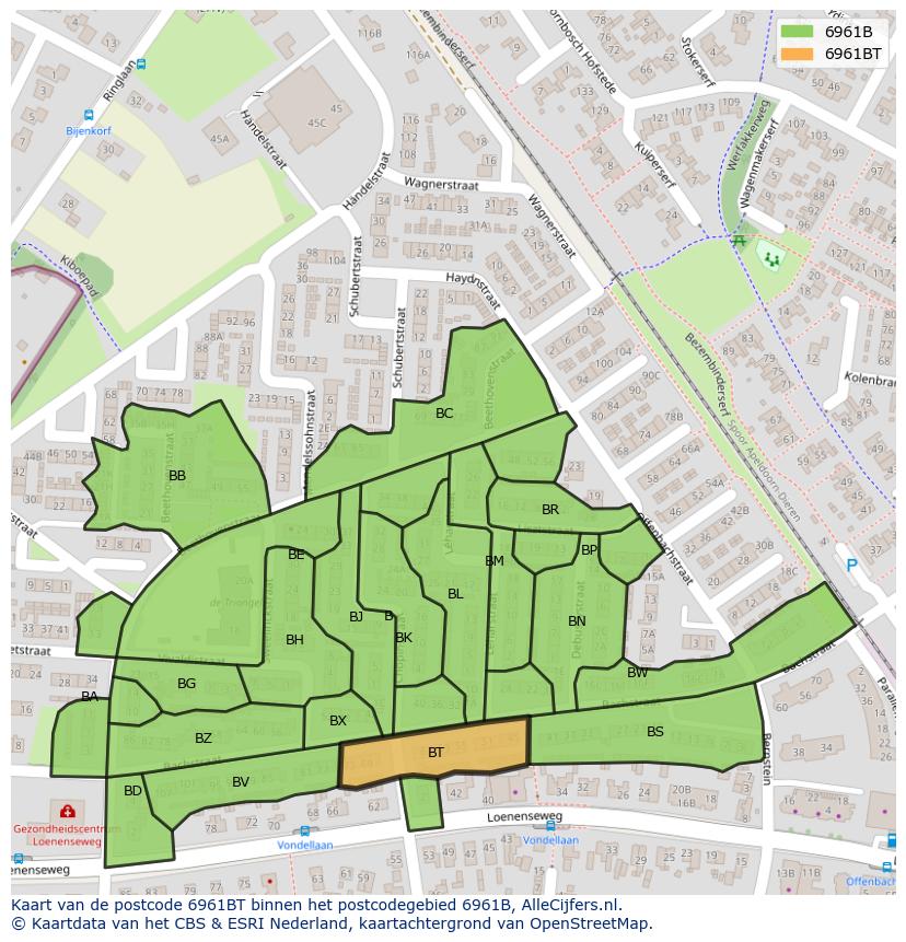 Afbeelding van het postcodegebied 6961 BT op de kaart.