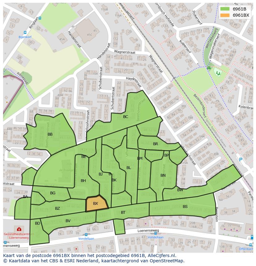 Afbeelding van het postcodegebied 6961 BX op de kaart.