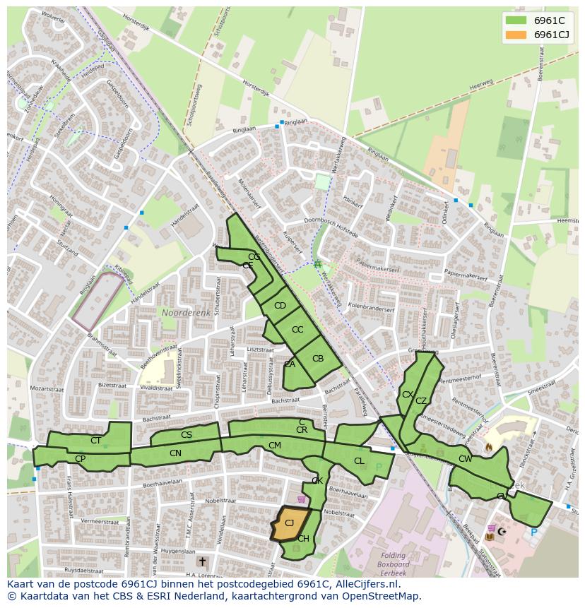 Afbeelding van het postcodegebied 6961 CJ op de kaart.