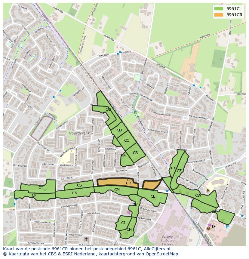 Afbeelding van het postcodegebied 6961 CR op de kaart.