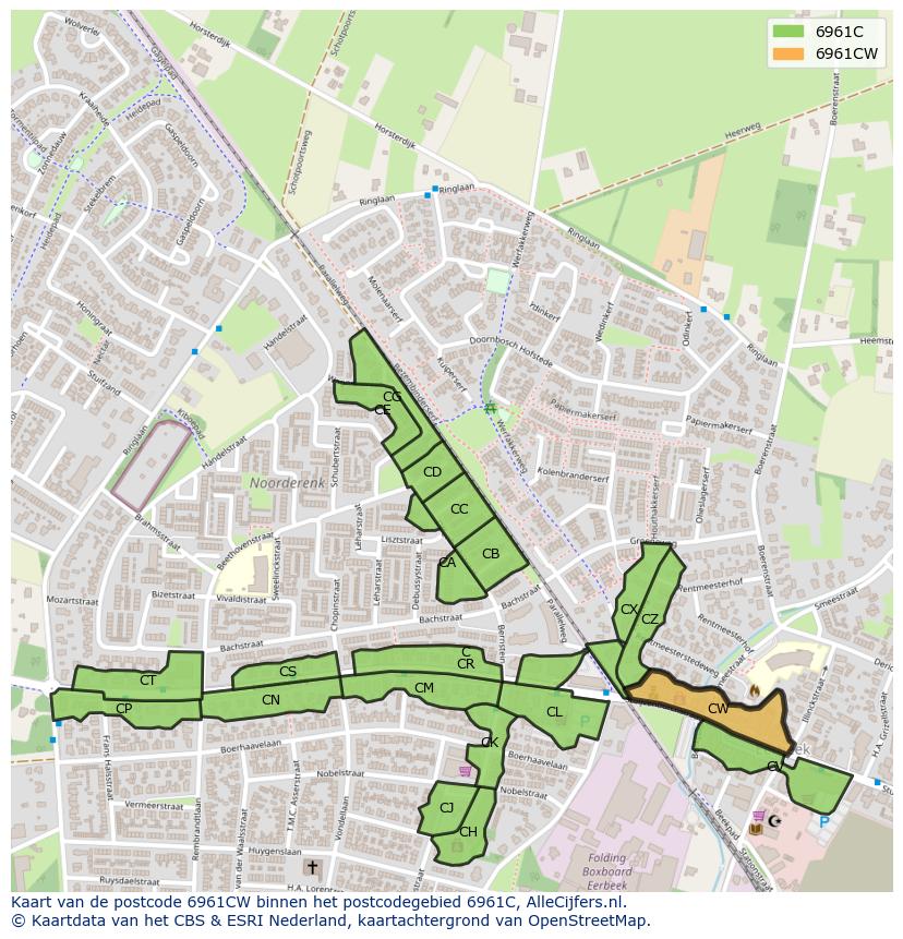 Afbeelding van het postcodegebied 6961 CW op de kaart.