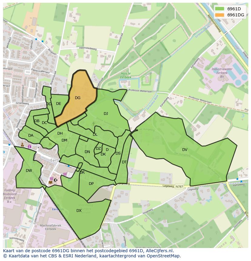 Afbeelding van het postcodegebied 6961 DG op de kaart.
