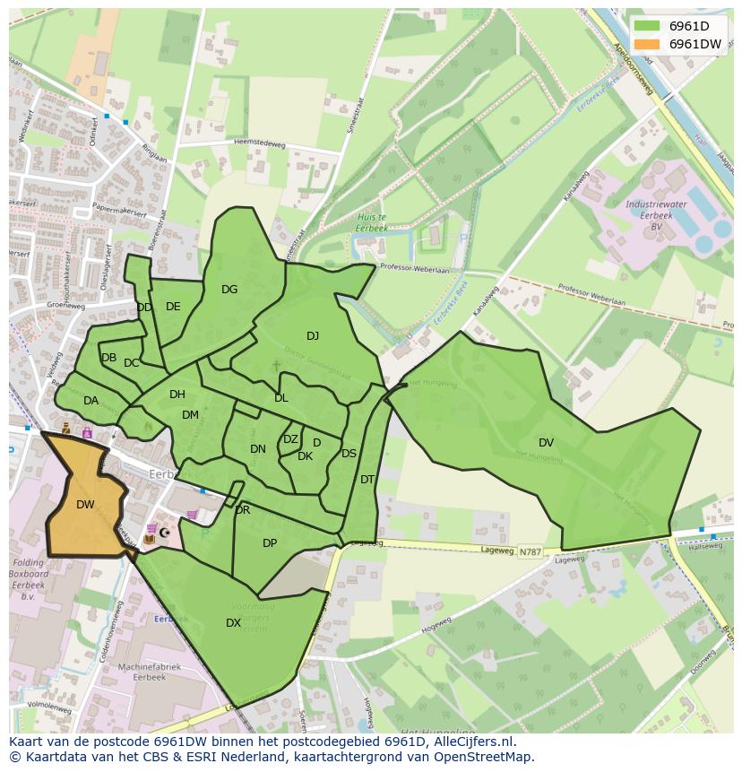 Afbeelding van het postcodegebied 6961 DW op de kaart.