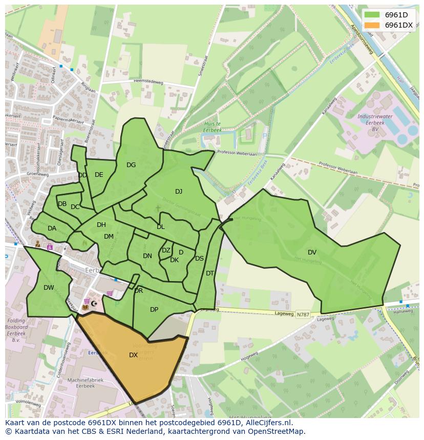 Afbeelding van het postcodegebied 6961 DX op de kaart.