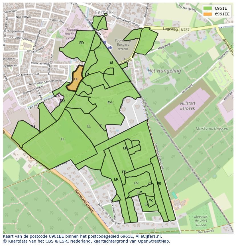 Afbeelding van het postcodegebied 6961 EE op de kaart.