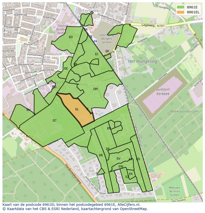 Afbeelding van het postcodegebied 6961 EL op de kaart.