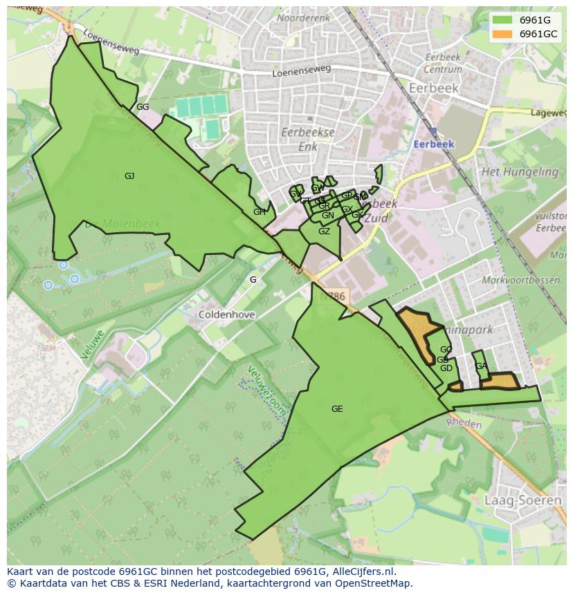 Afbeelding van het postcodegebied 6961 GC op de kaart.