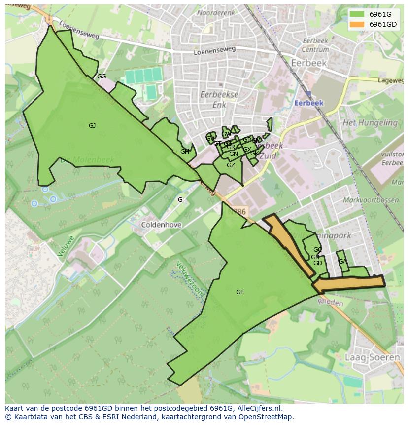 Afbeelding van het postcodegebied 6961 GD op de kaart.