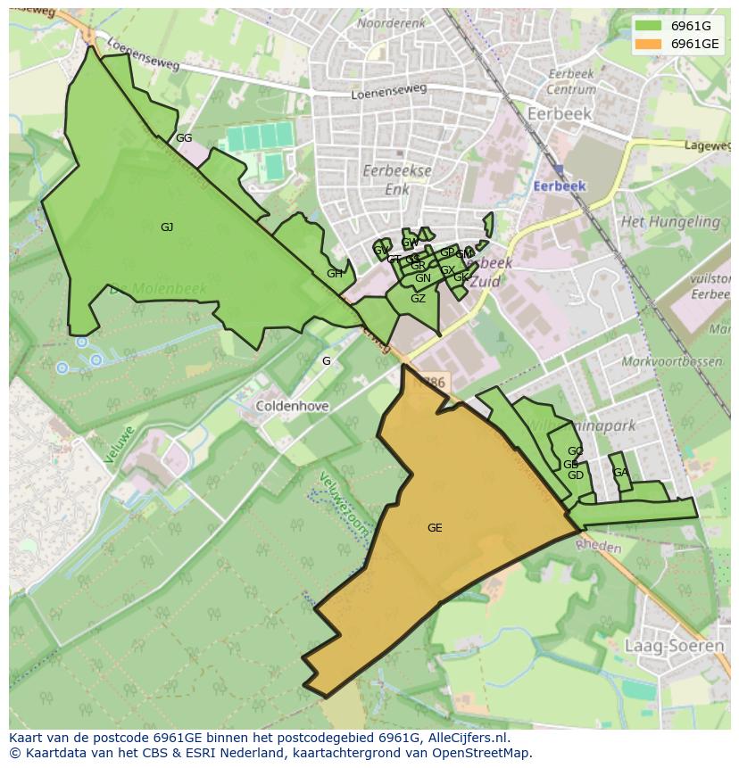 Afbeelding van het postcodegebied 6961 GE op de kaart.