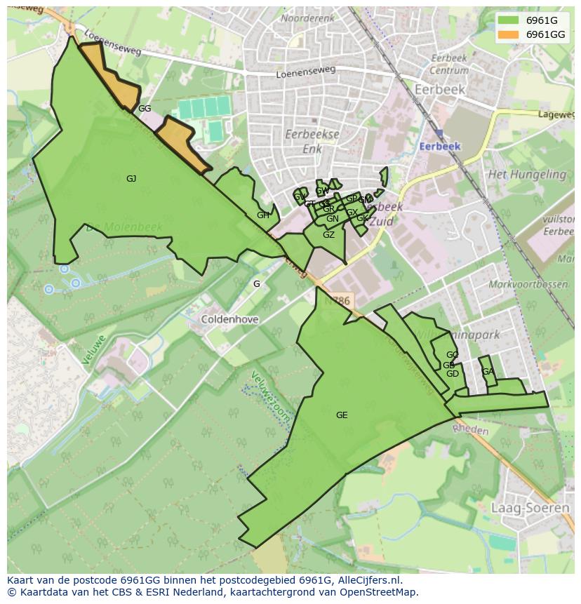 Afbeelding van het postcodegebied 6961 GG op de kaart.