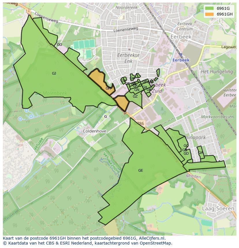 Afbeelding van het postcodegebied 6961 GH op de kaart.