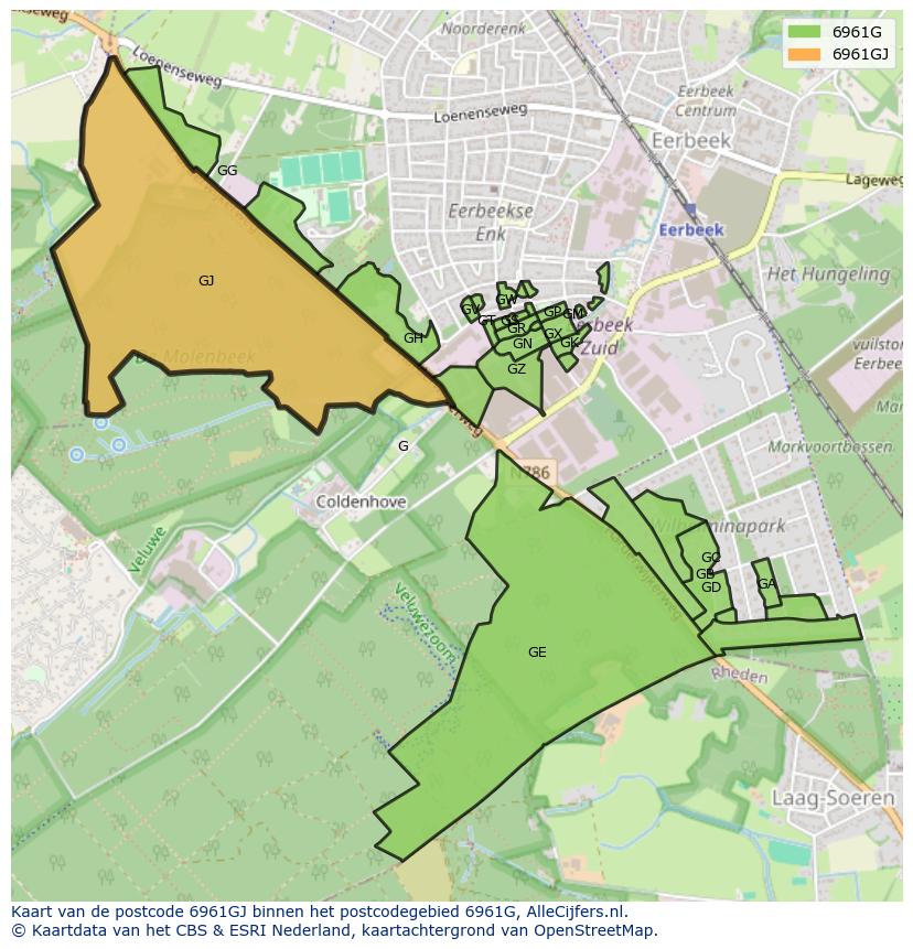 Afbeelding van het postcodegebied 6961 GJ op de kaart.