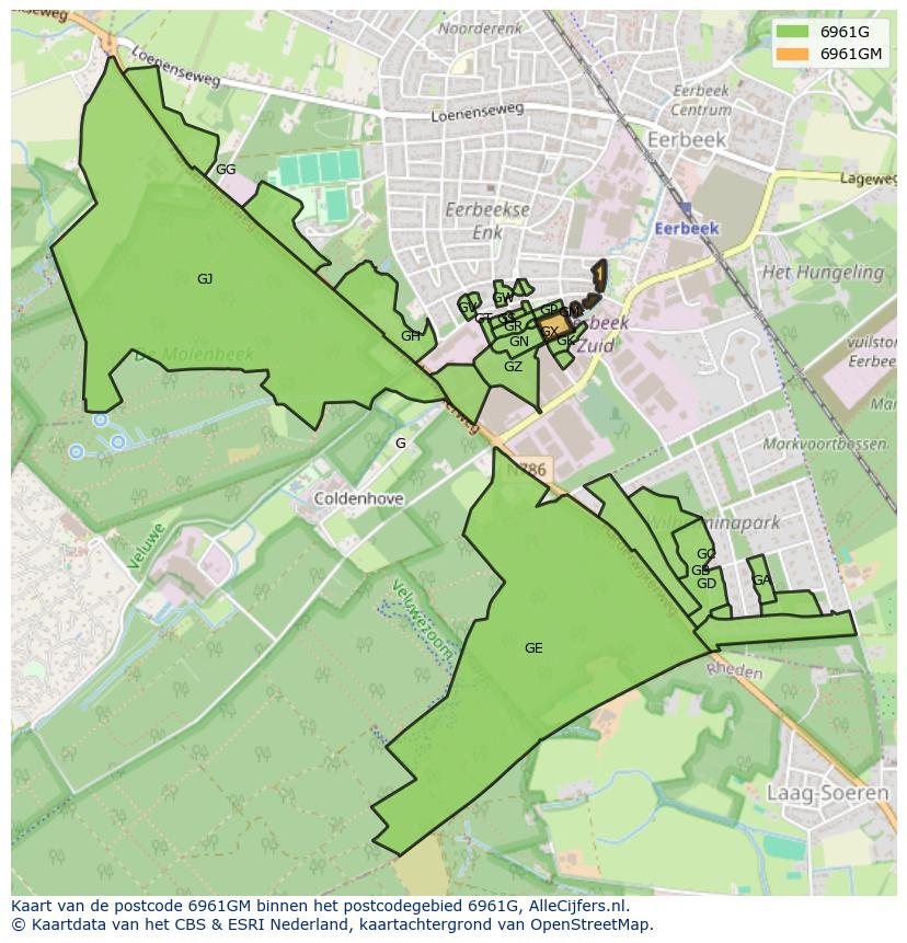 Afbeelding van het postcodegebied 6961 GM op de kaart.