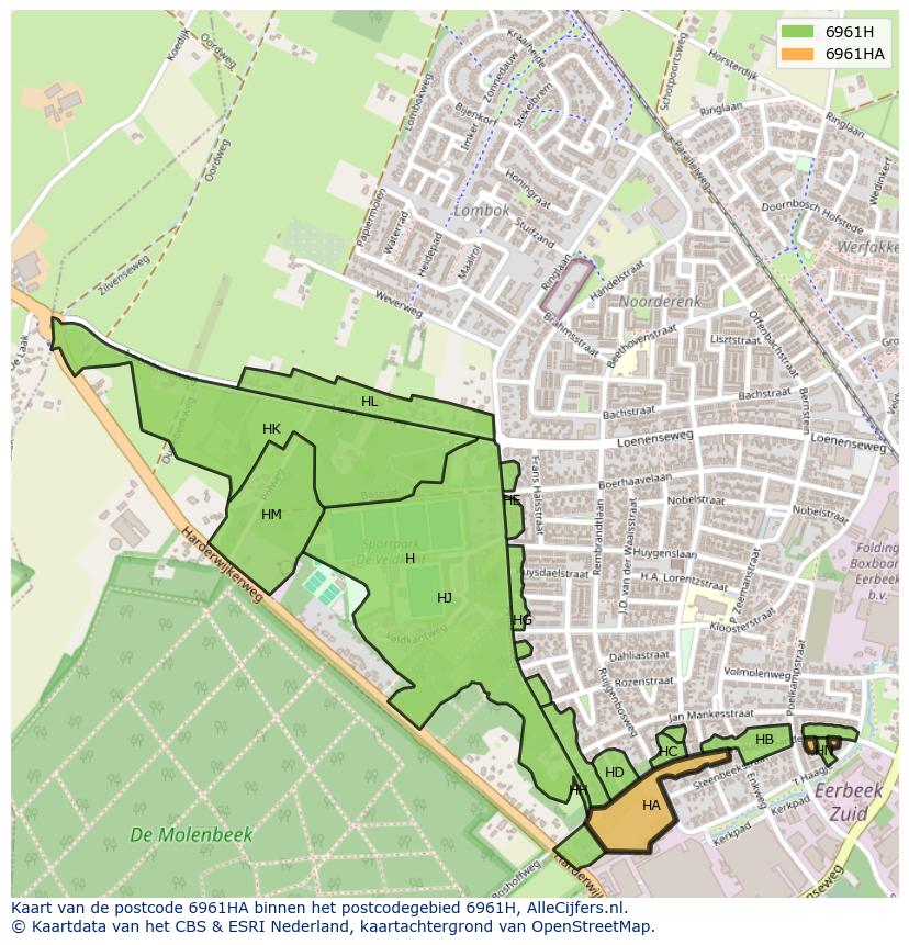 Afbeelding van het postcodegebied 6961 HA op de kaart.