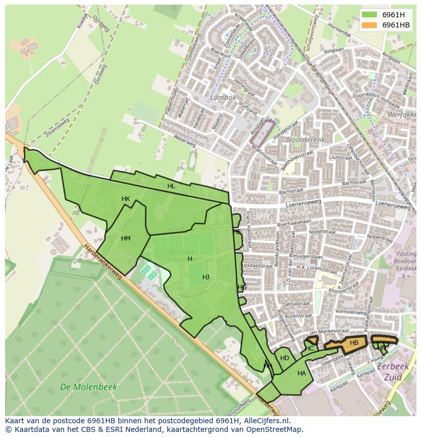Afbeelding van het postcodegebied 6961 HB op de kaart.