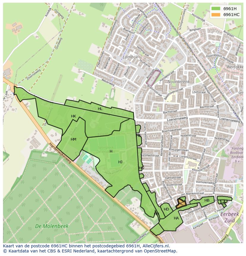 Afbeelding van het postcodegebied 6961 HC op de kaart.