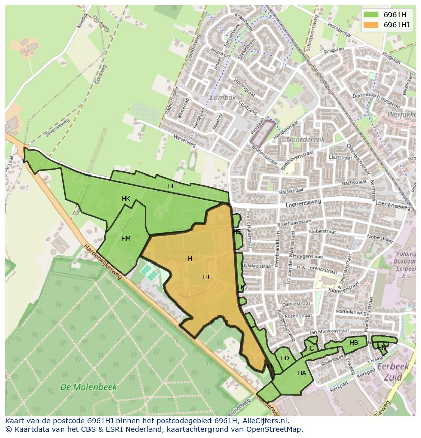 Afbeelding van het postcodegebied 6961 HJ op de kaart.