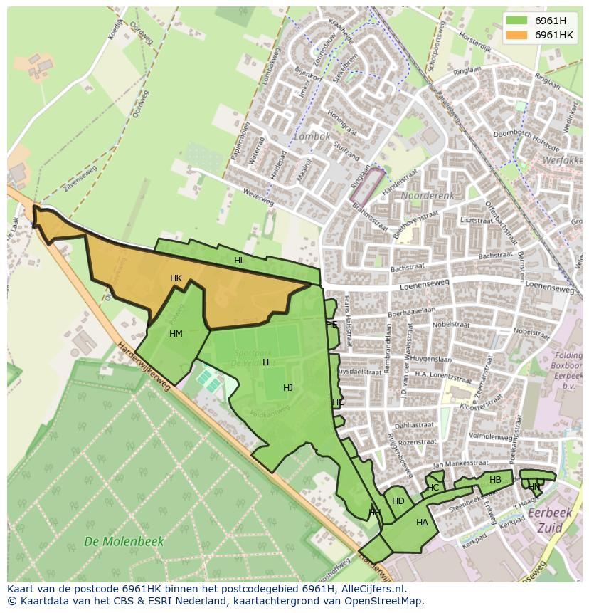 Afbeelding van het postcodegebied 6961 HK op de kaart.