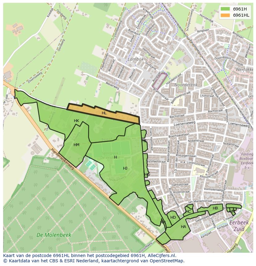 Afbeelding van het postcodegebied 6961 HL op de kaart.