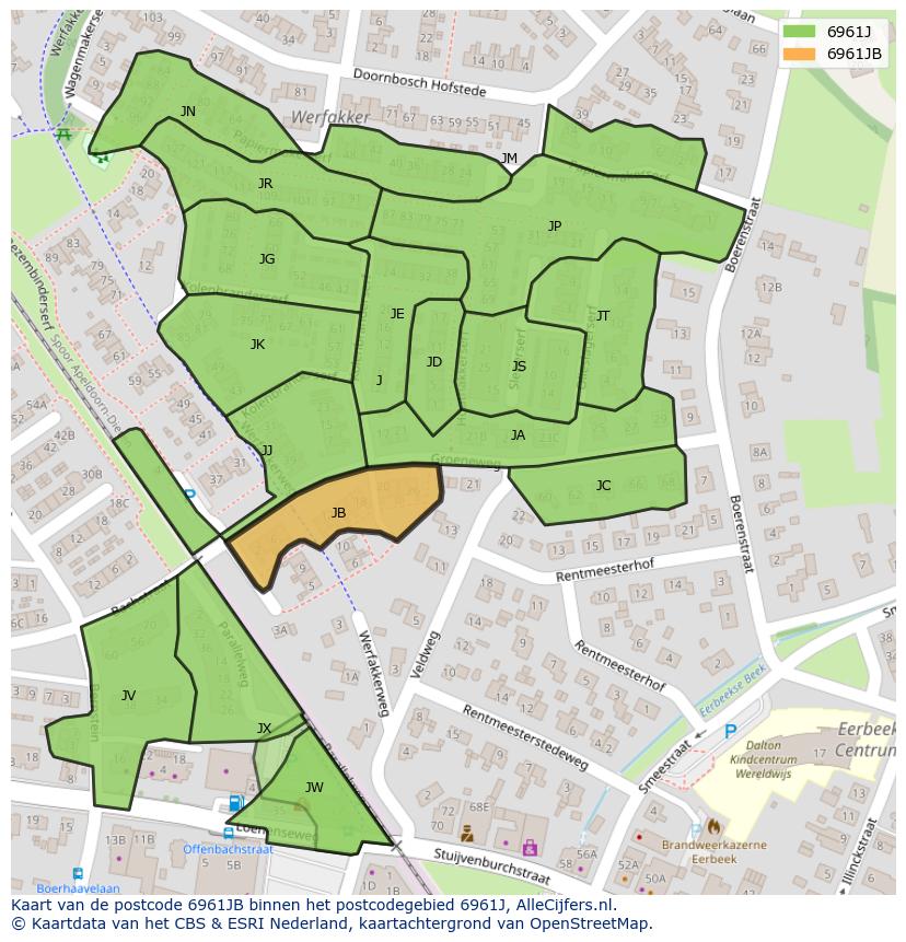 Afbeelding van het postcodegebied 6961 JB op de kaart.