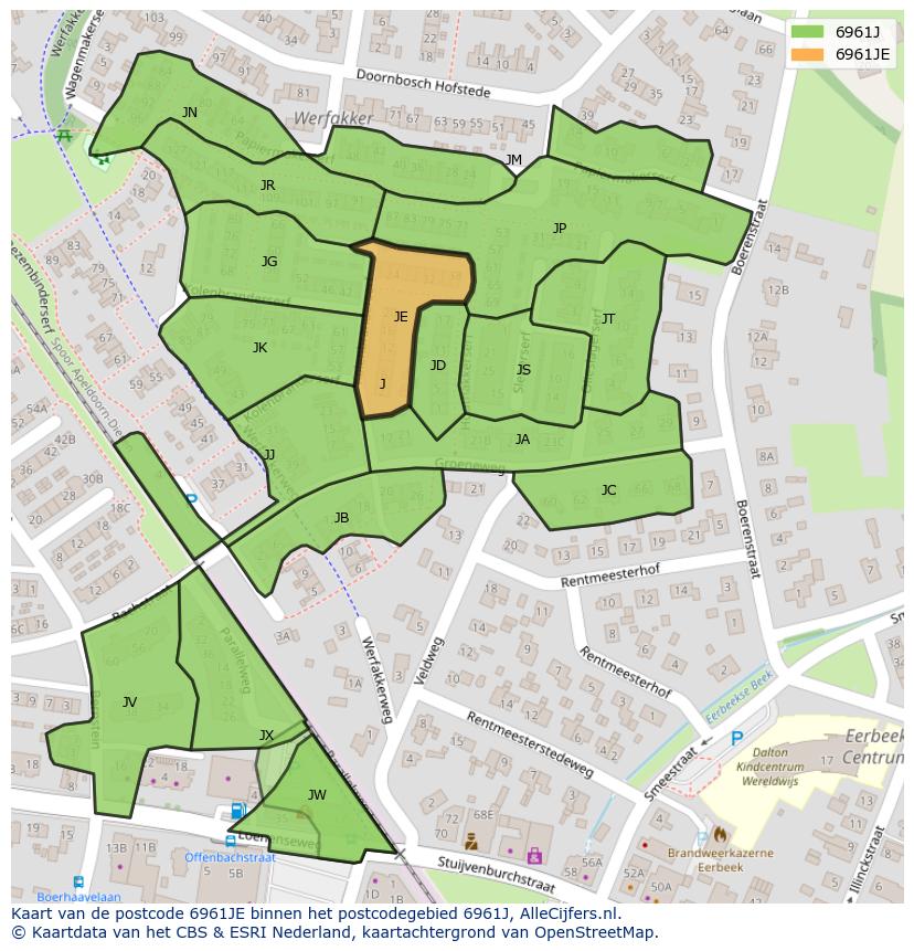 Afbeelding van het postcodegebied 6961 JE op de kaart.