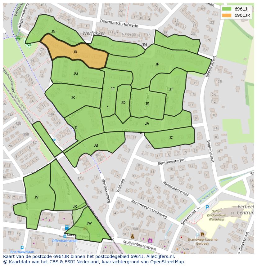 Afbeelding van het postcodegebied 6961 JR op de kaart.