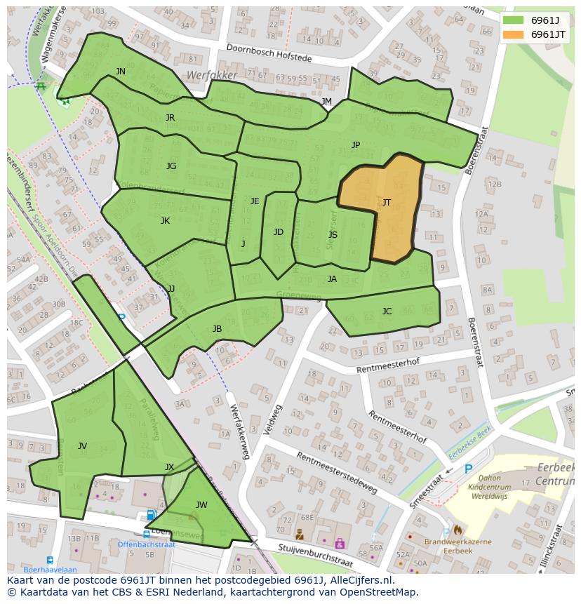 Afbeelding van het postcodegebied 6961 JT op de kaart.