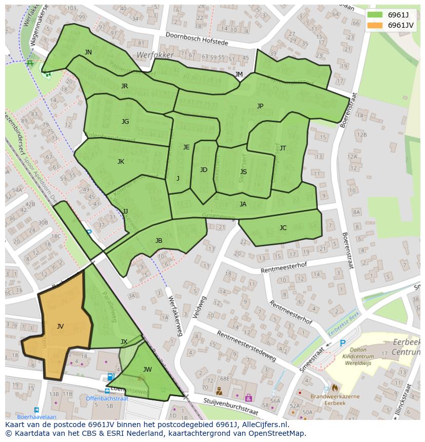 Afbeelding van het postcodegebied 6961 JV op de kaart.