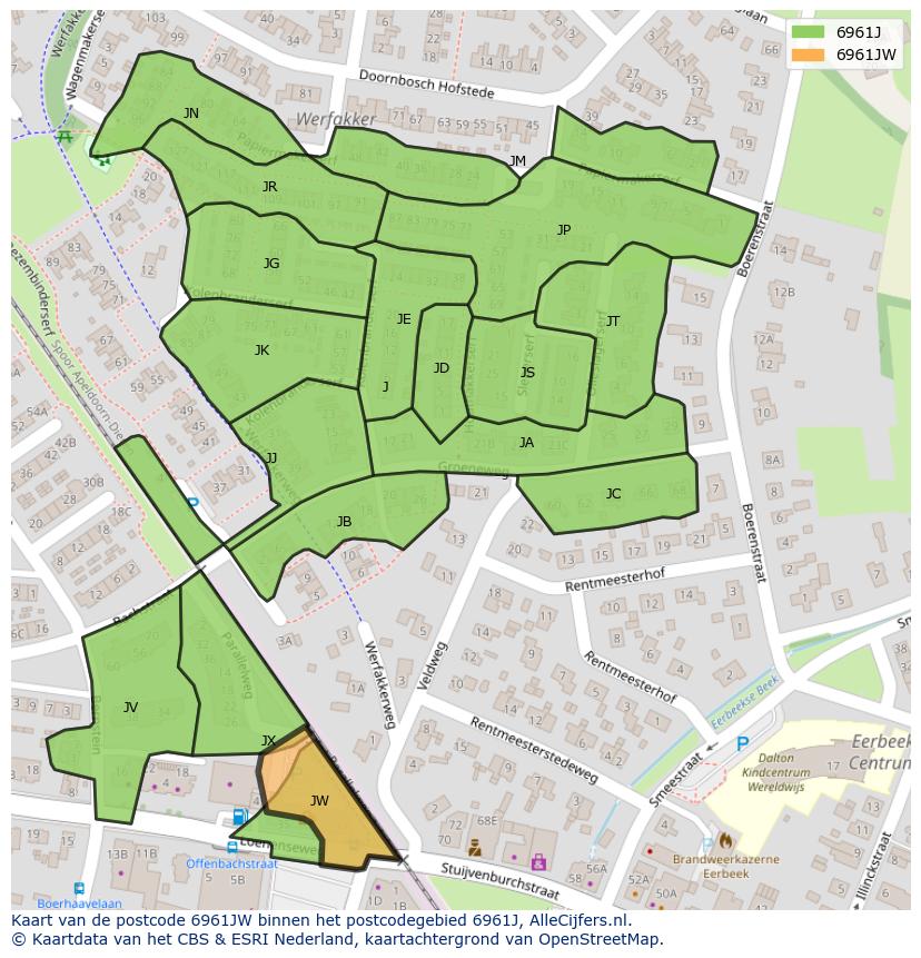 Afbeelding van het postcodegebied 6961 JW op de kaart.