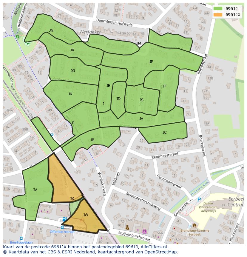 Afbeelding van het postcodegebied 6961 JX op de kaart.