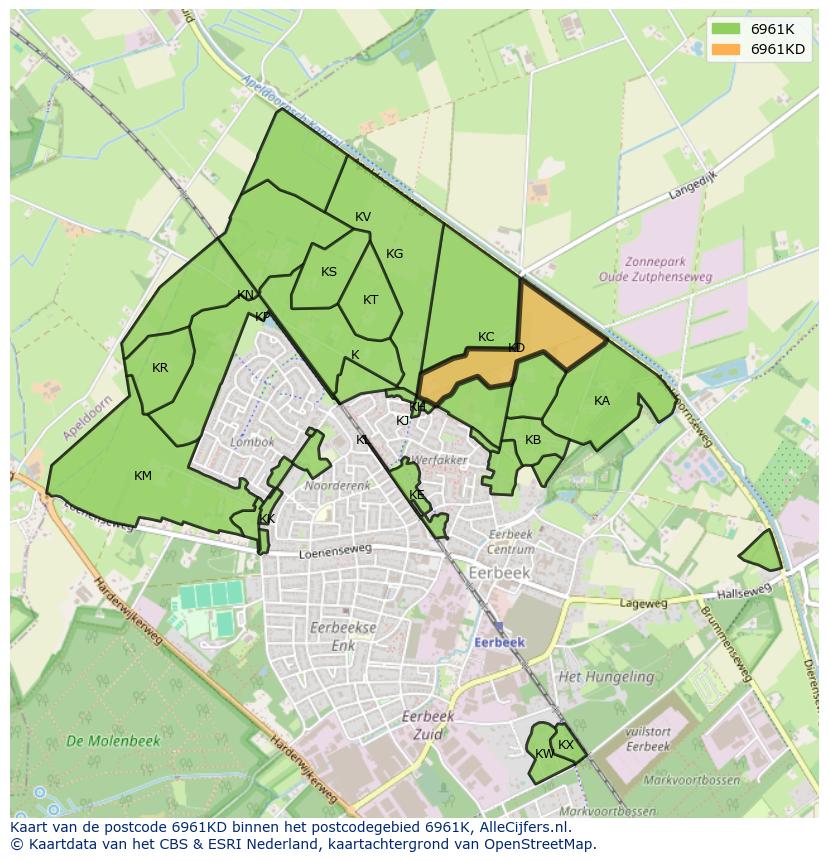 Afbeelding van het postcodegebied 6961 KD op de kaart.