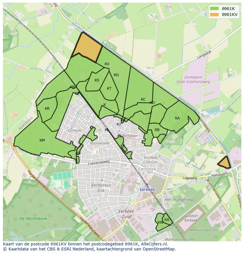 Afbeelding van het postcodegebied 6961 KV op de kaart.