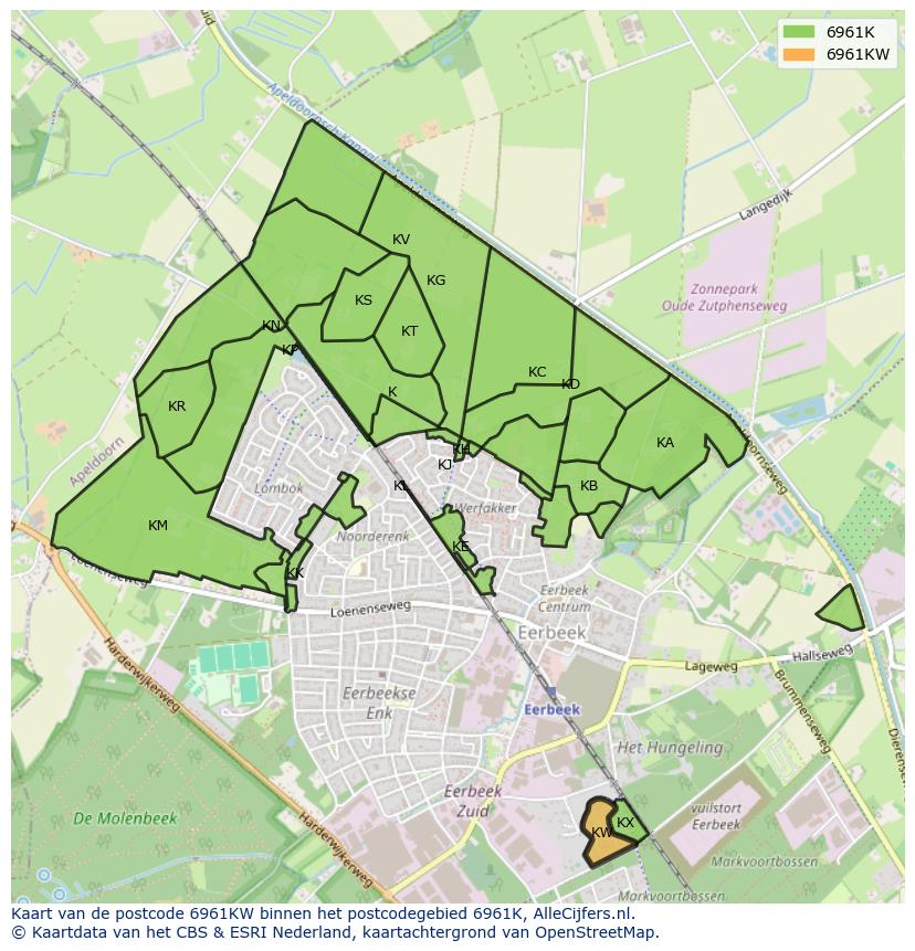 Afbeelding van het postcodegebied 6961 KW op de kaart.