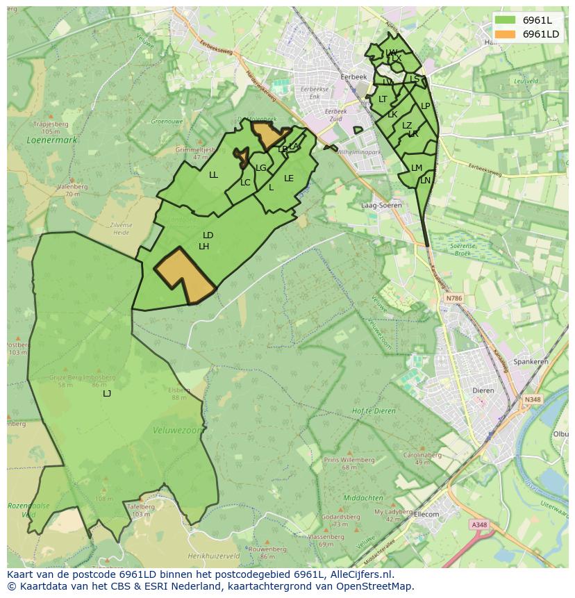 Afbeelding van het postcodegebied 6961 LD op de kaart.