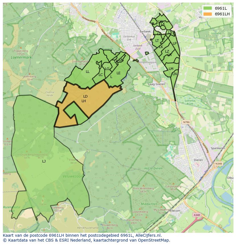 Afbeelding van het postcodegebied 6961 LH op de kaart.