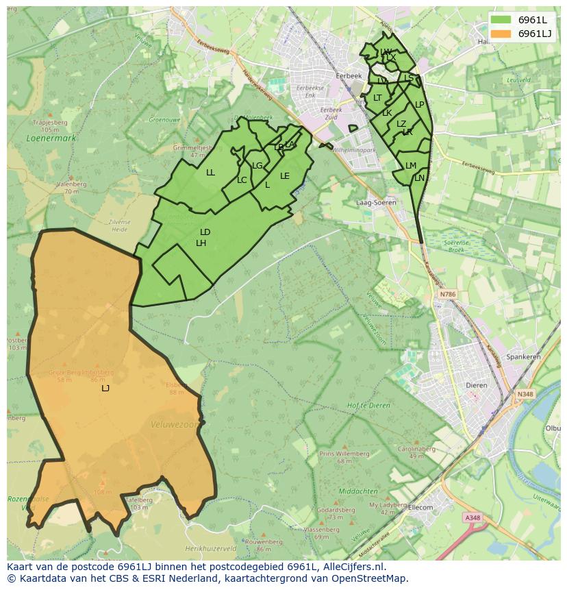Afbeelding van het postcodegebied 6961 LJ op de kaart.