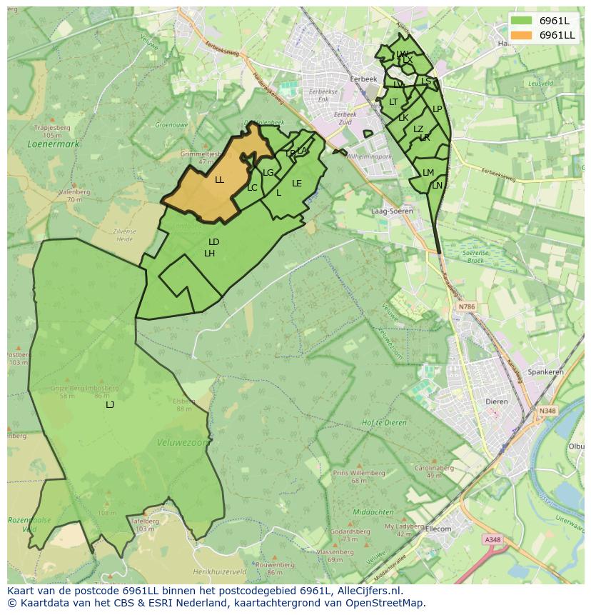 Afbeelding van het postcodegebied 6961 LL op de kaart.