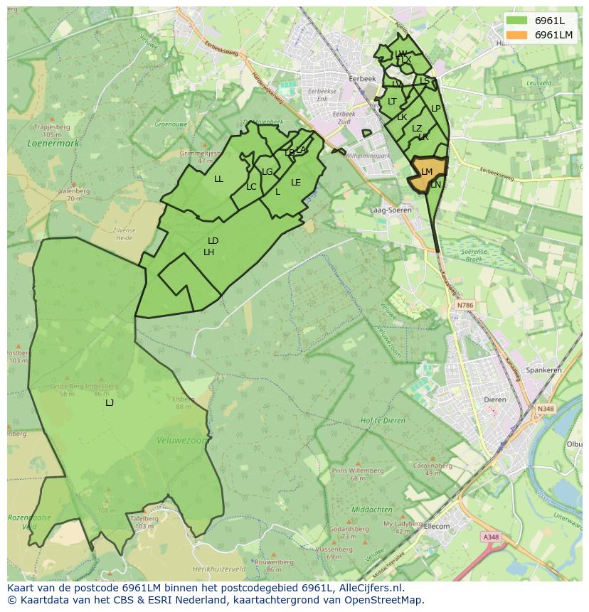 Afbeelding van het postcodegebied 6961 LM op de kaart.