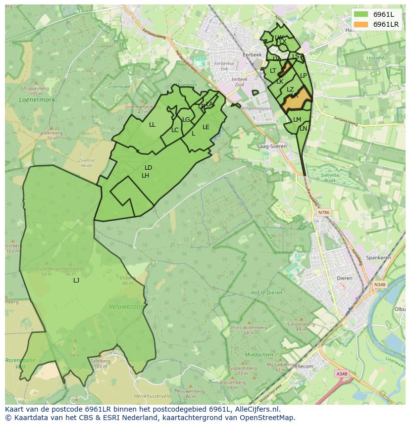 Afbeelding van het postcodegebied 6961 LR op de kaart.