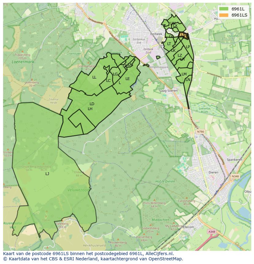 Afbeelding van het postcodegebied 6961 LS op de kaart.