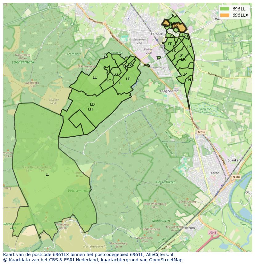Afbeelding van het postcodegebied 6961 LX op de kaart.