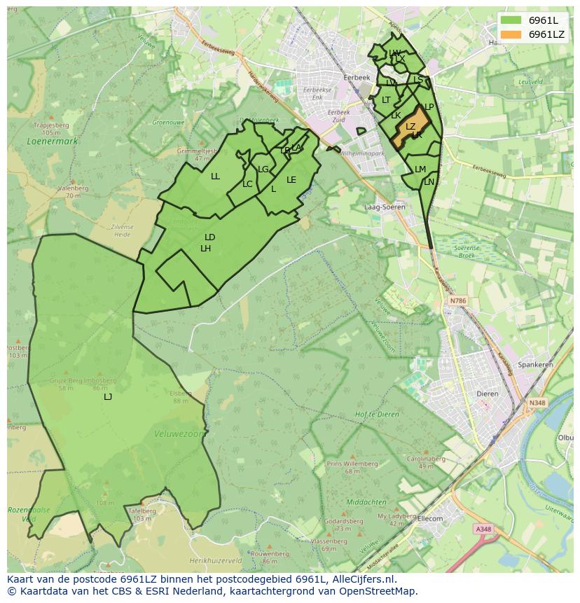 Afbeelding van het postcodegebied 6961 LZ op de kaart.