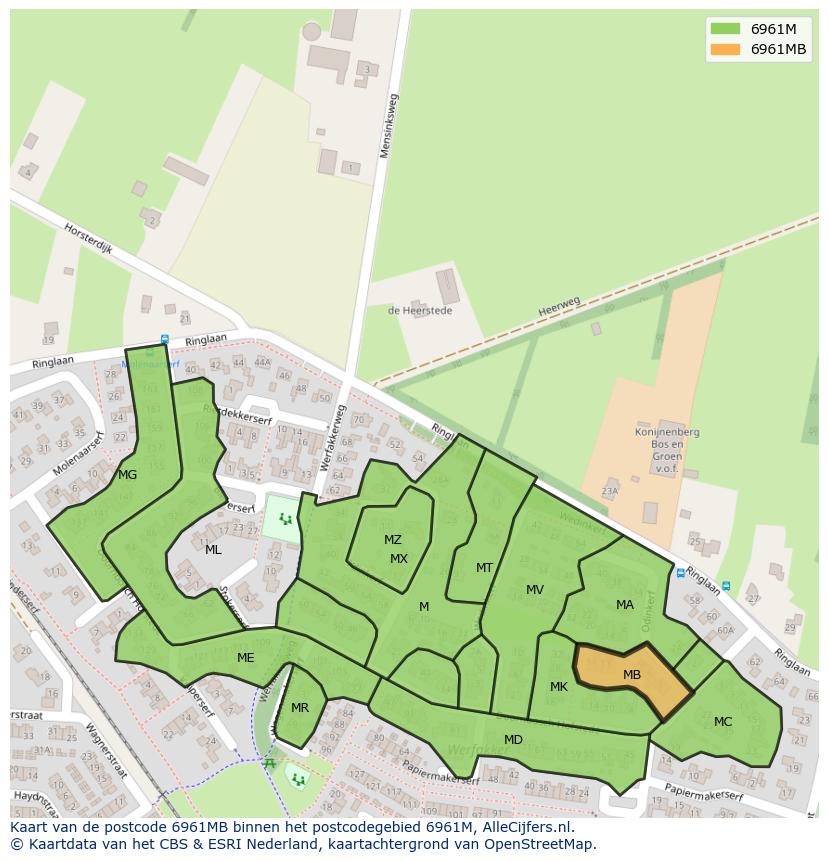 Afbeelding van het postcodegebied 6961 MB op de kaart.