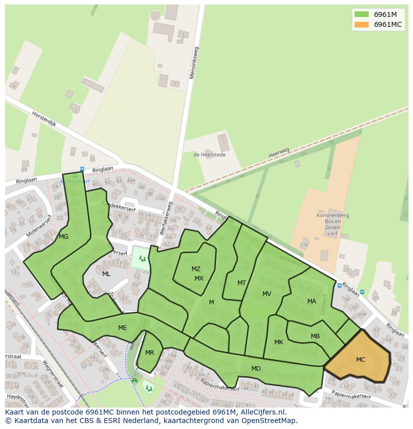 Afbeelding van het postcodegebied 6961 MC op de kaart.
