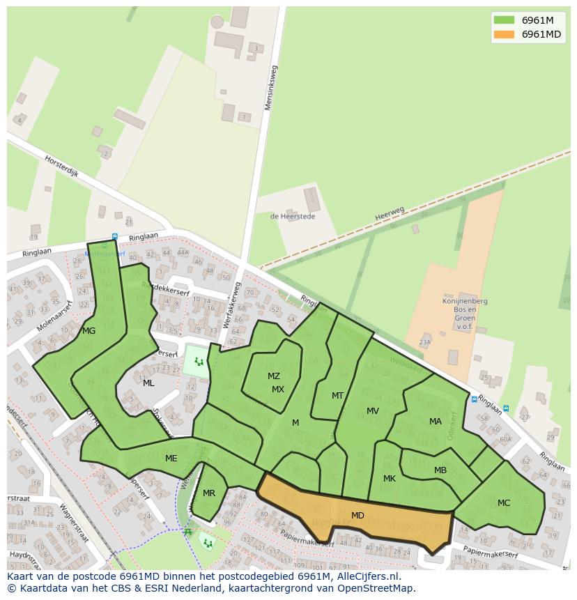 Afbeelding van het postcodegebied 6961 MD op de kaart.