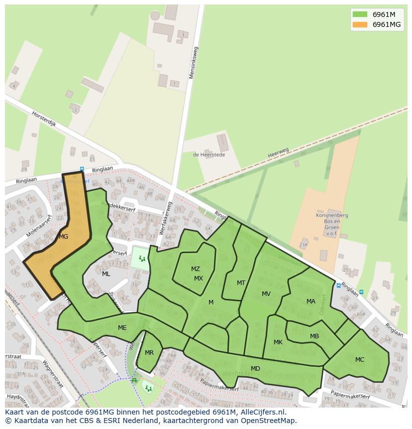 Afbeelding van het postcodegebied 6961 MG op de kaart.