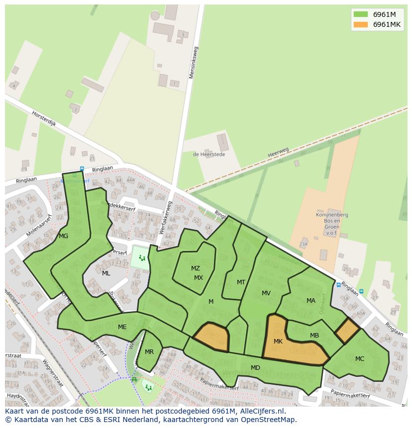 Afbeelding van het postcodegebied 6961 MK op de kaart.
