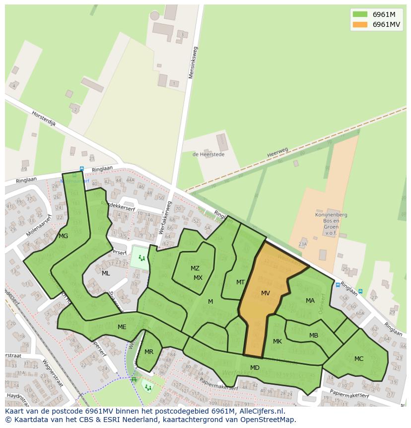 Afbeelding van het postcodegebied 6961 MV op de kaart.